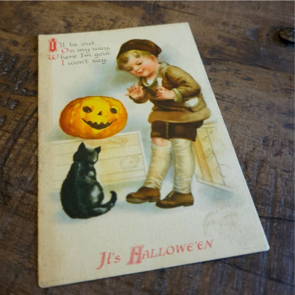 Antique Halloween Postcard Boy Black Cat Jack-O-Lantern USA Unposted 1910s Wolf